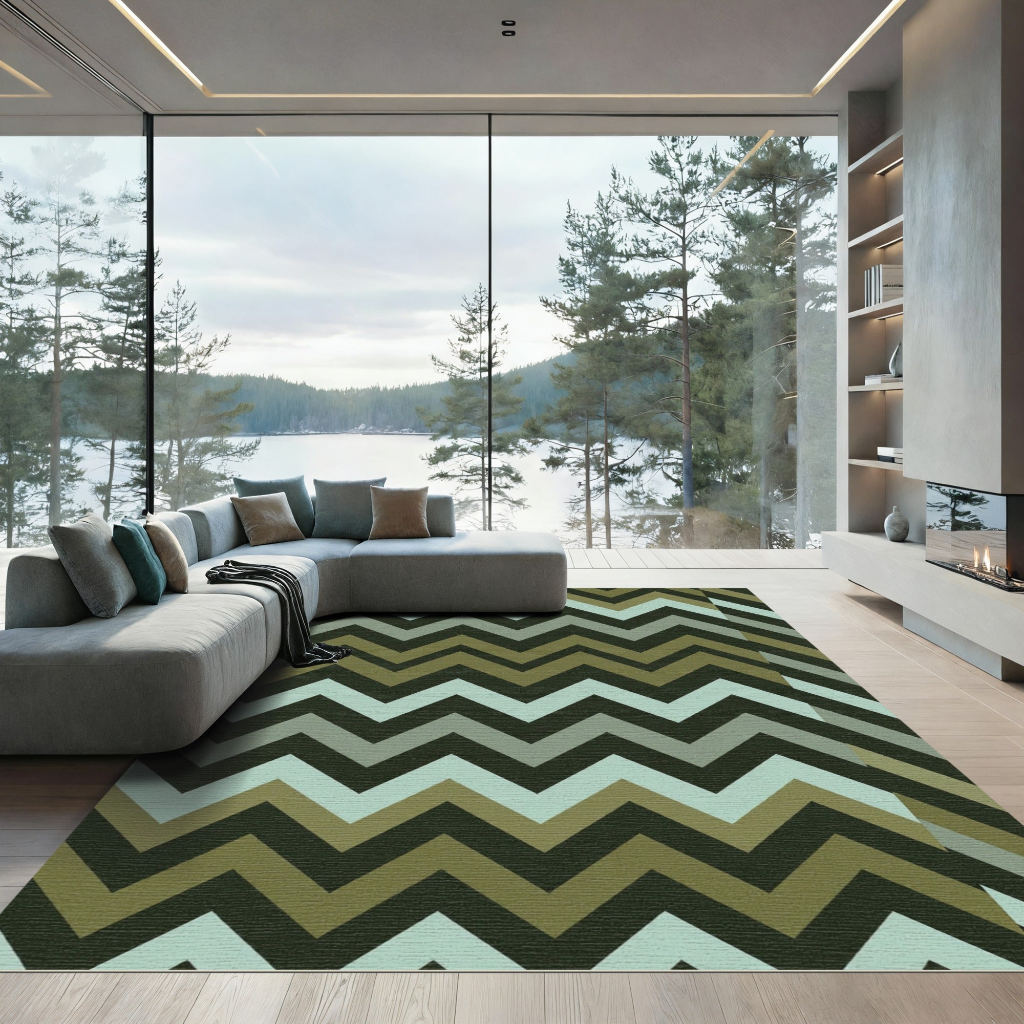 Olive Green Chevron Zigzag Stripe Rug