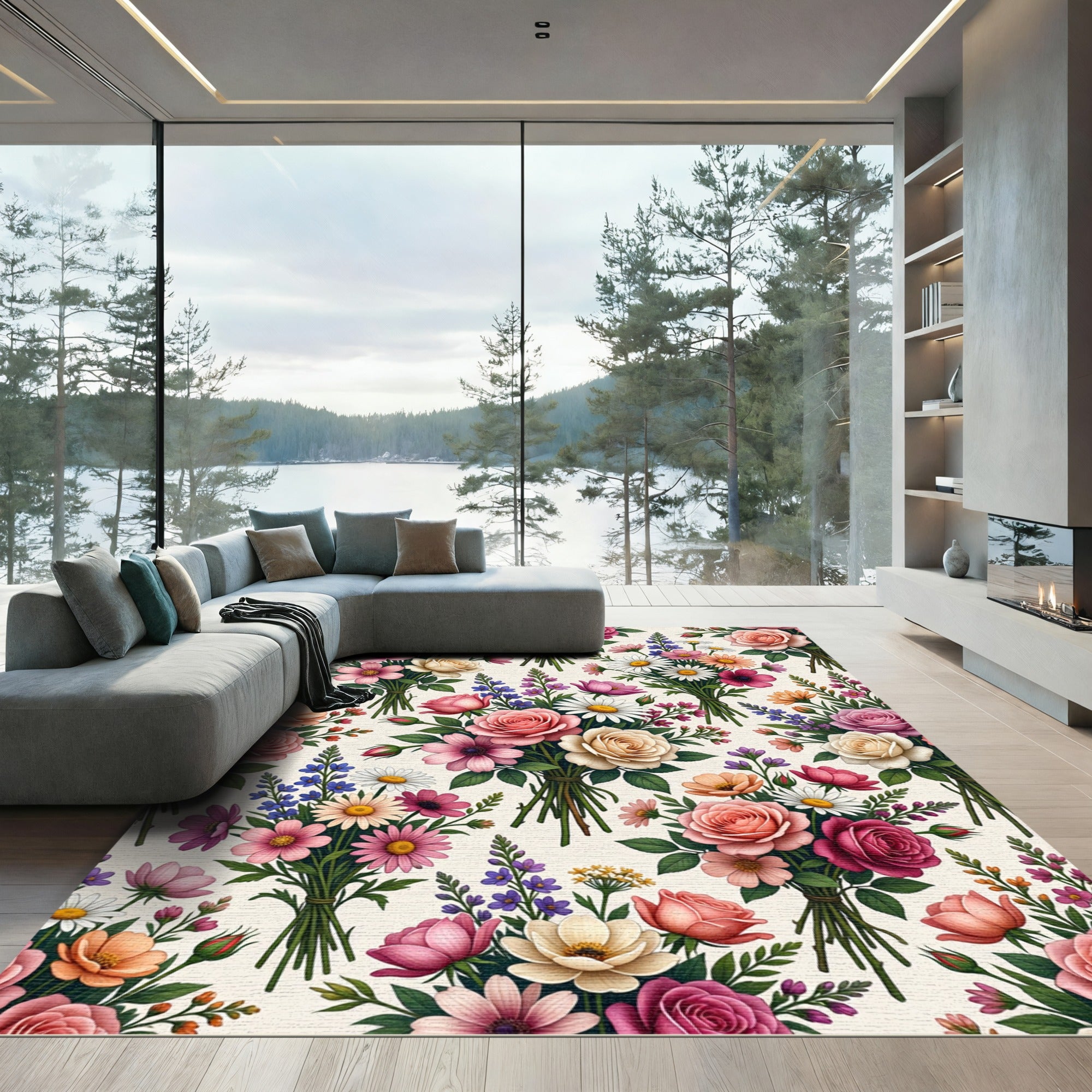 Elegant Floral Bouquet Watercolor Garden Rug