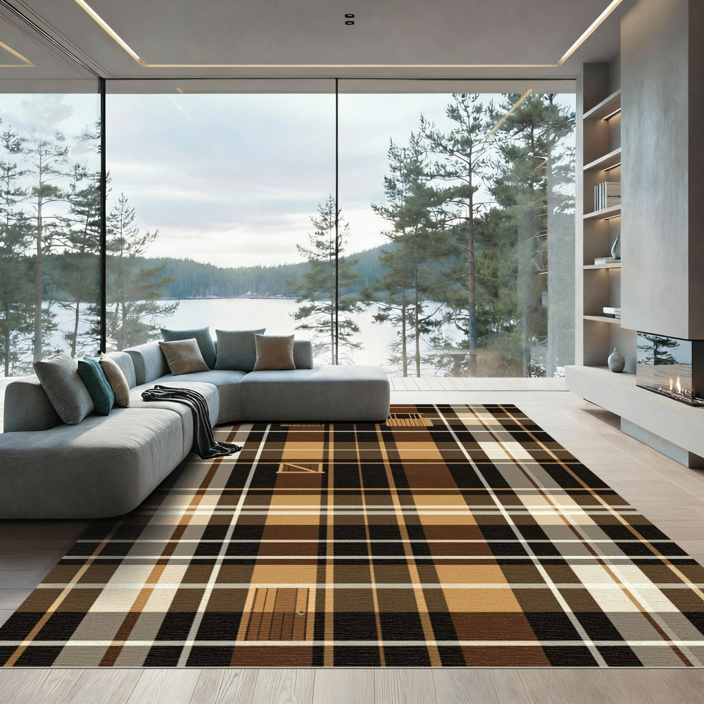 Brown Tan White Plaid Barn Scene Rug