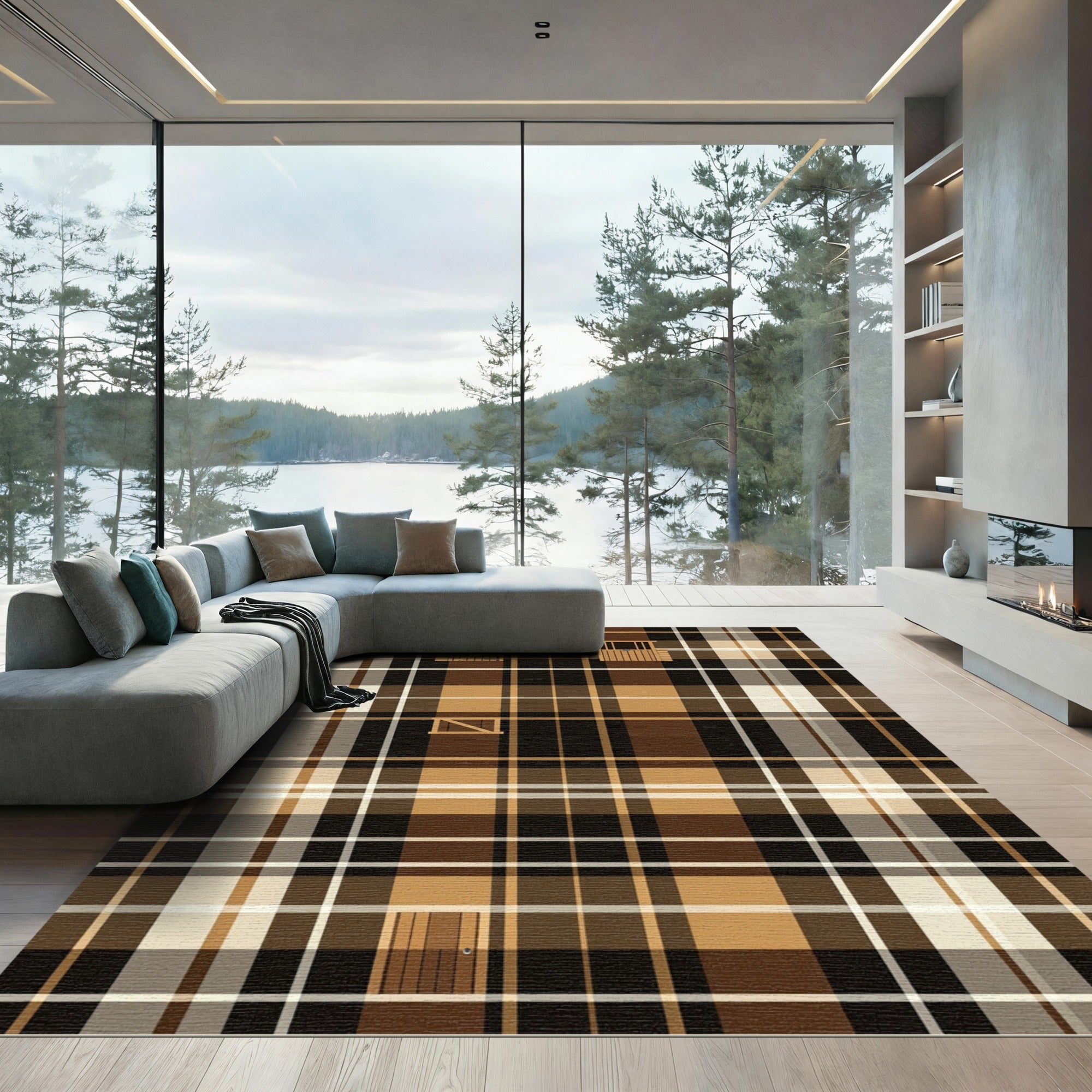 Brown Tan White Plaid Barn Scene Rug