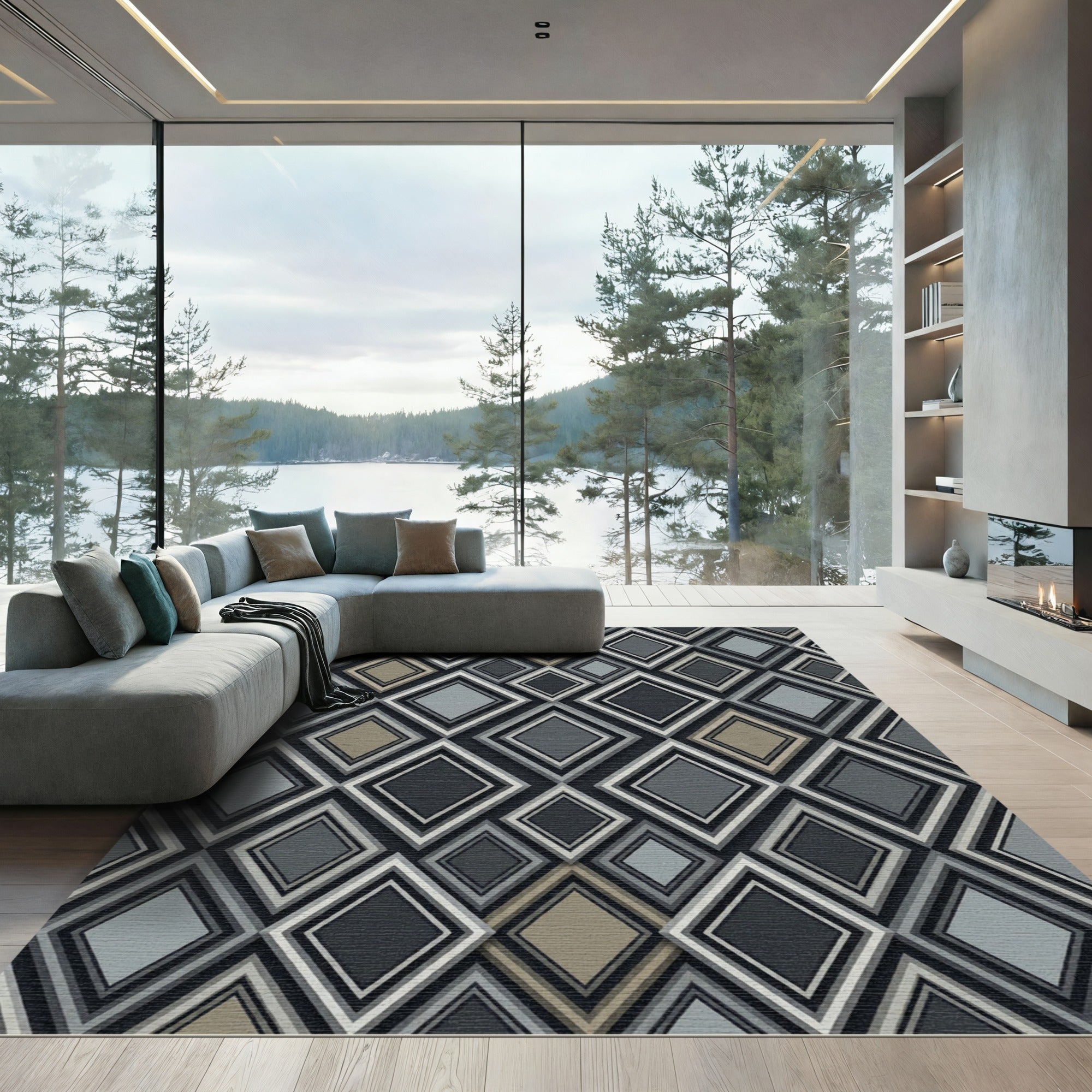 Modern Gray And Taupe Geometric Diamond Rug