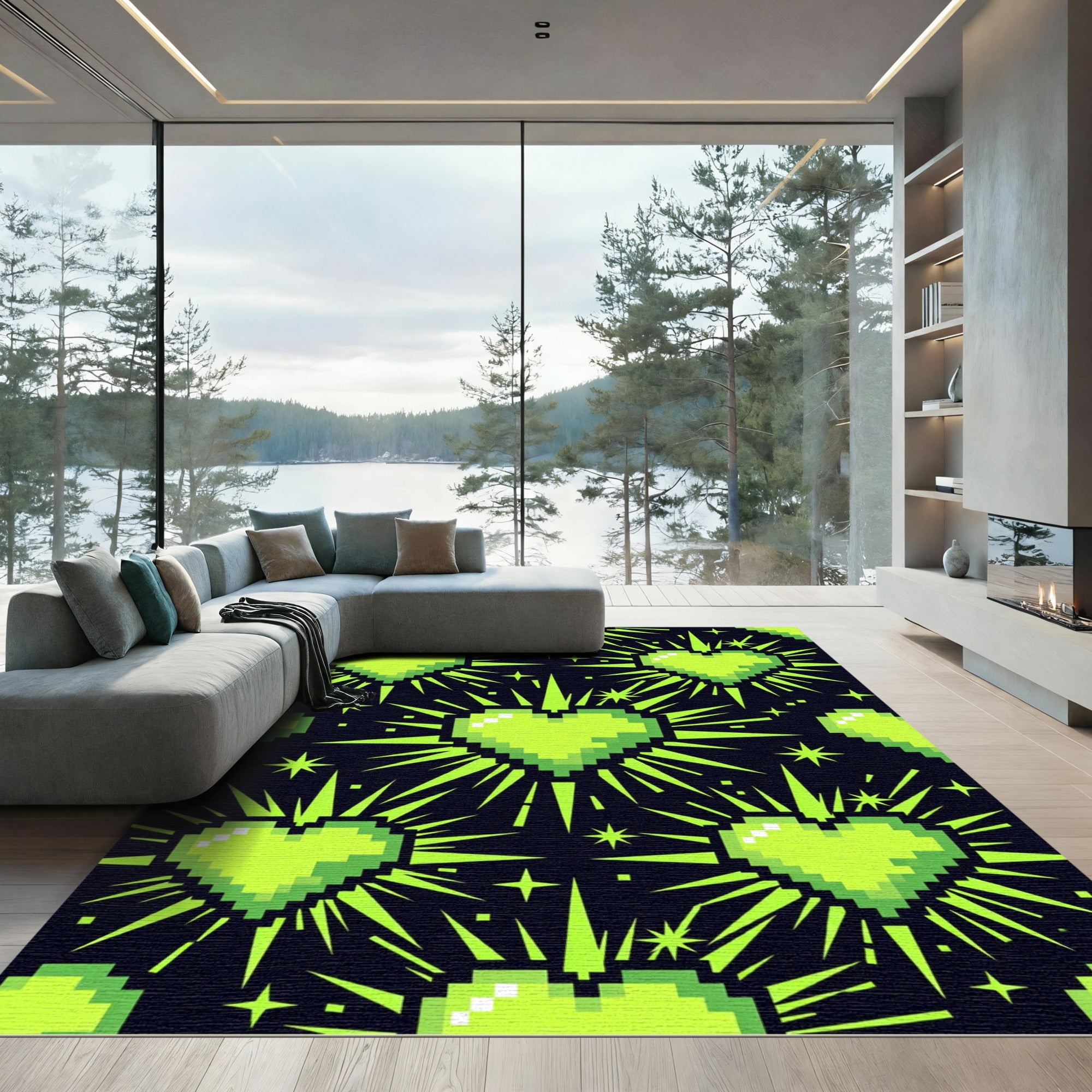 Neon Pixel Heart Radiant Star Field Rug