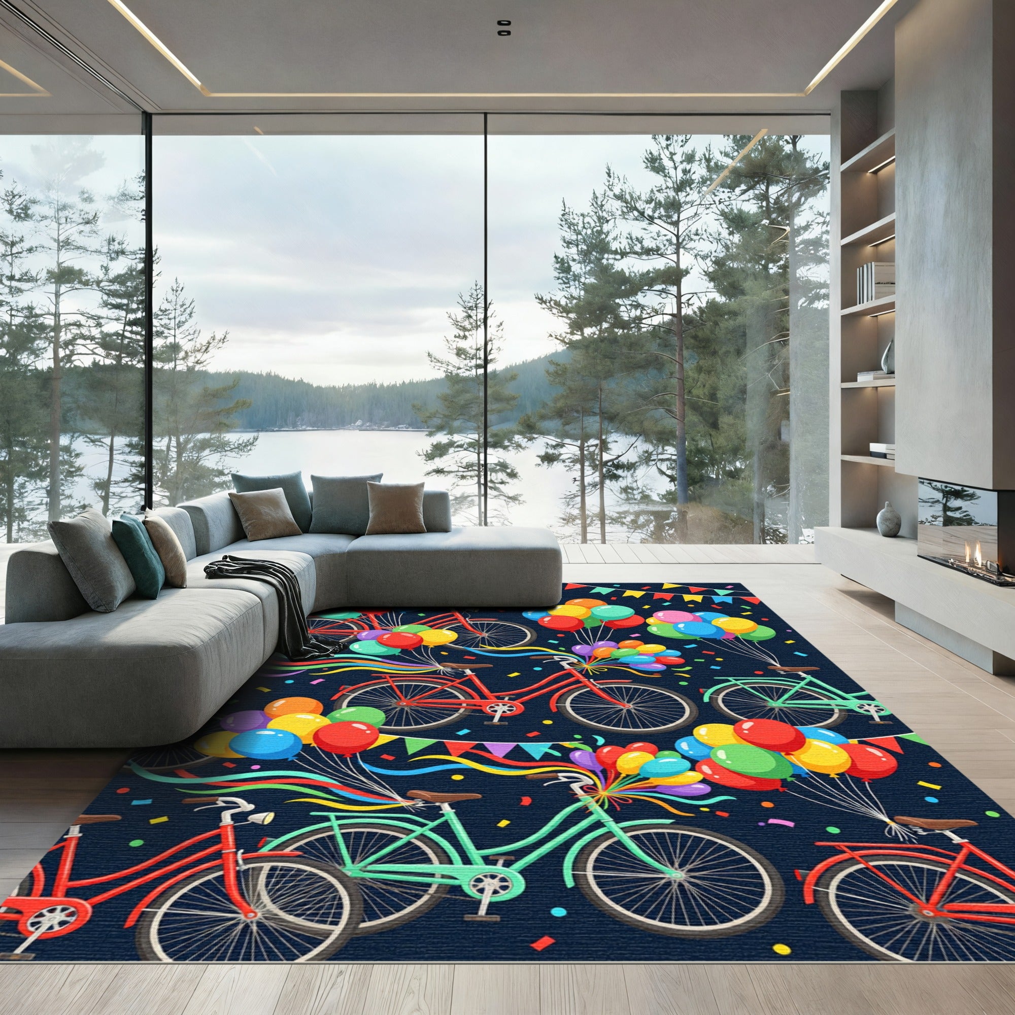 Festive Bicycles and Colorful Balloon Celebration Rug