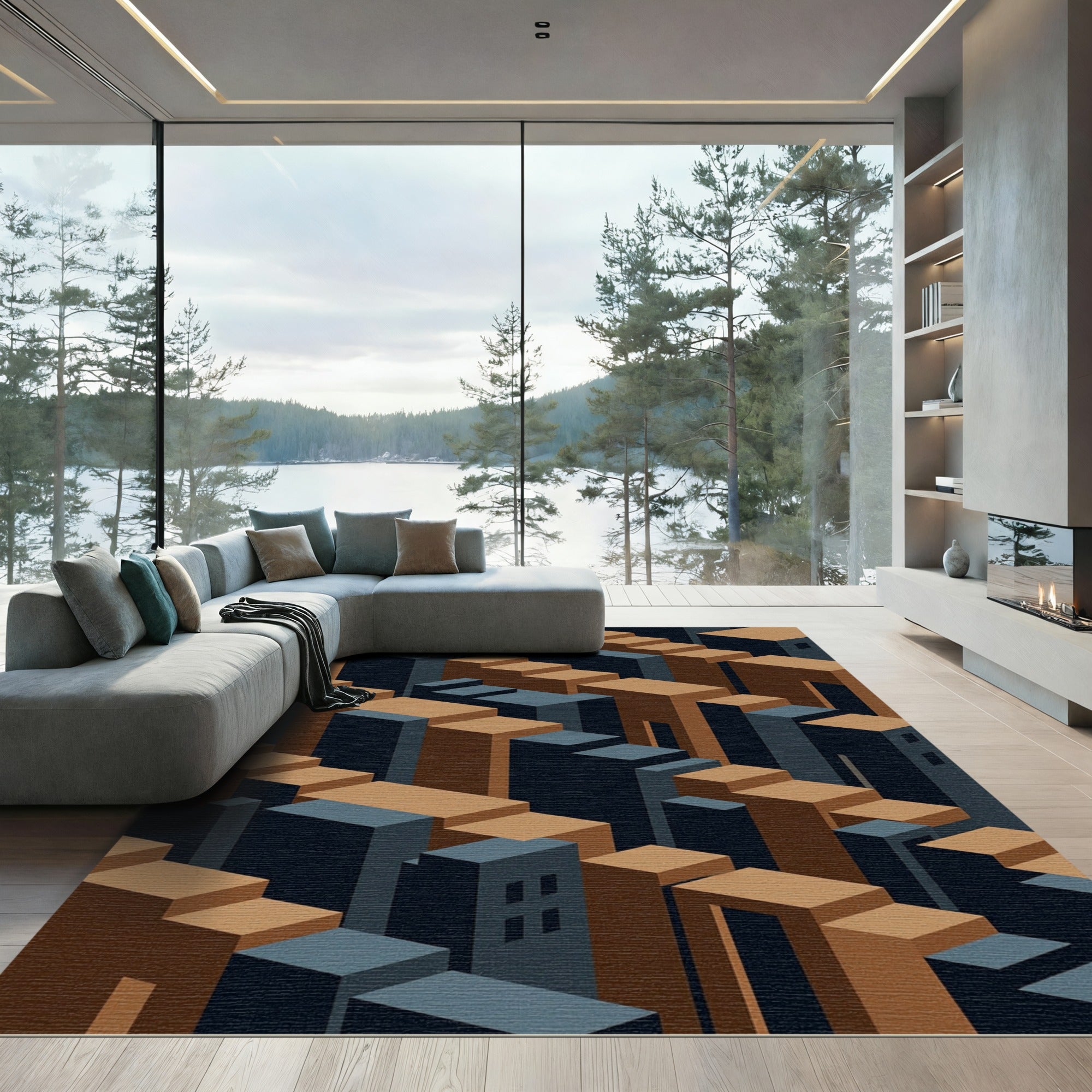 Isometric Navy and Terracotta Geometric Staircase Rug