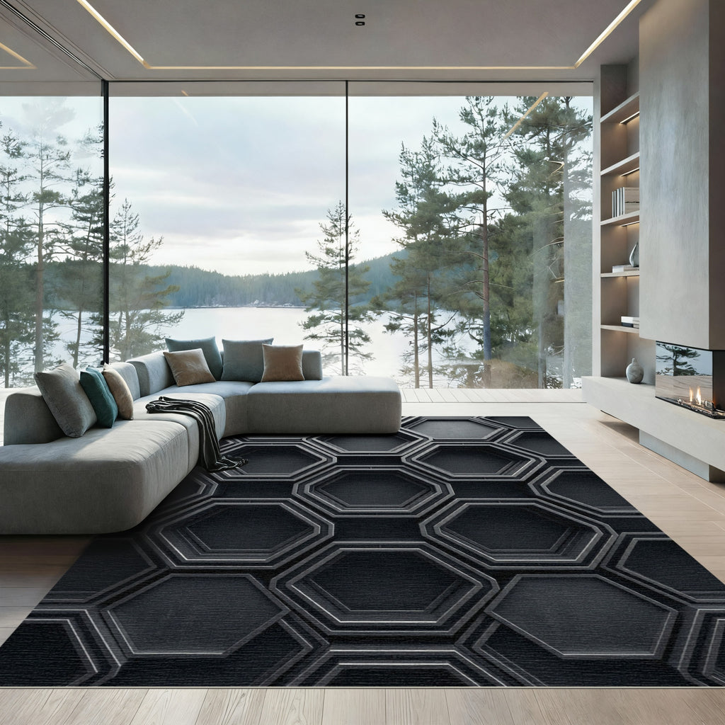 Dark Gray Geometric Hexagon Weave Rug
