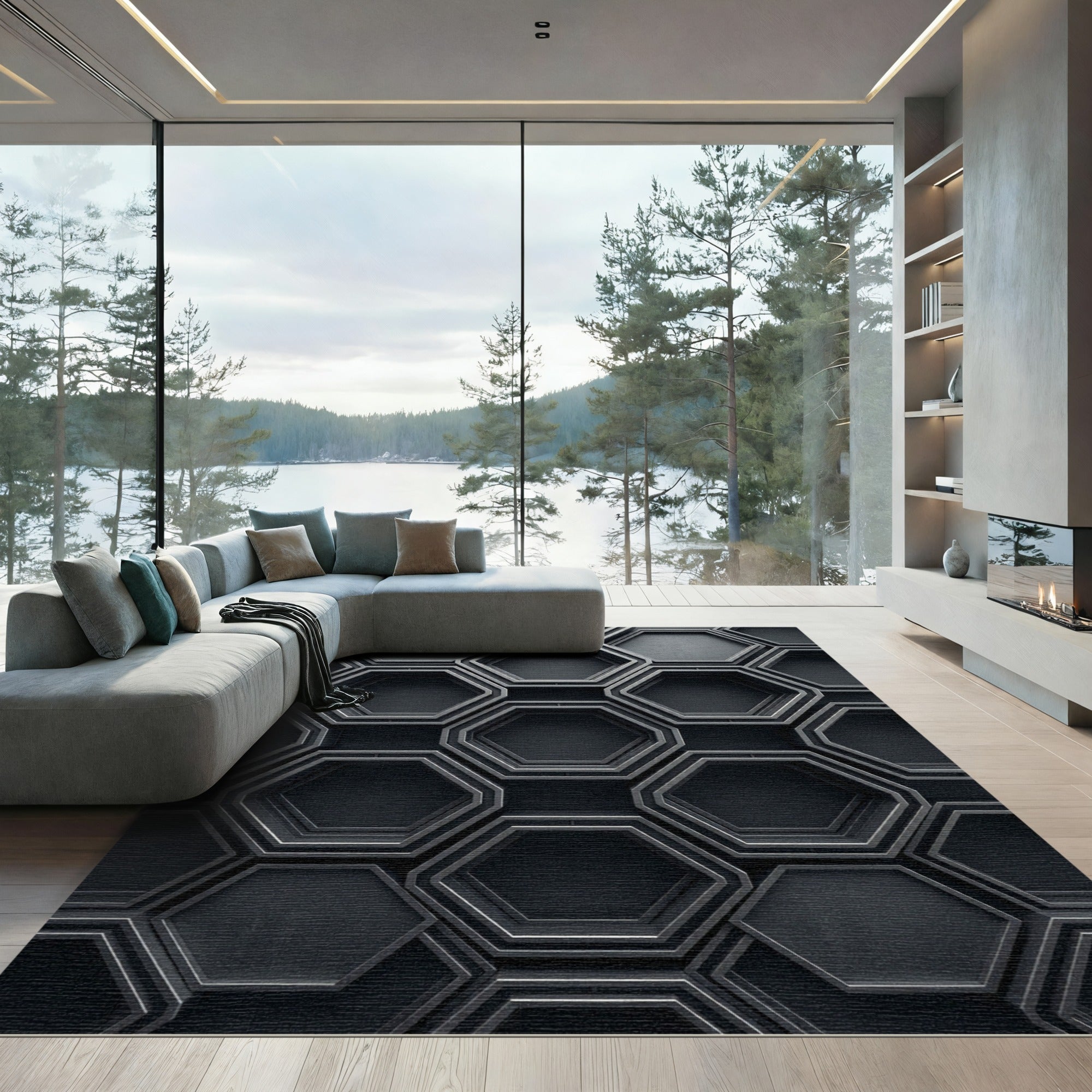 Dark Gray Geometric Hexagon Weave Rug