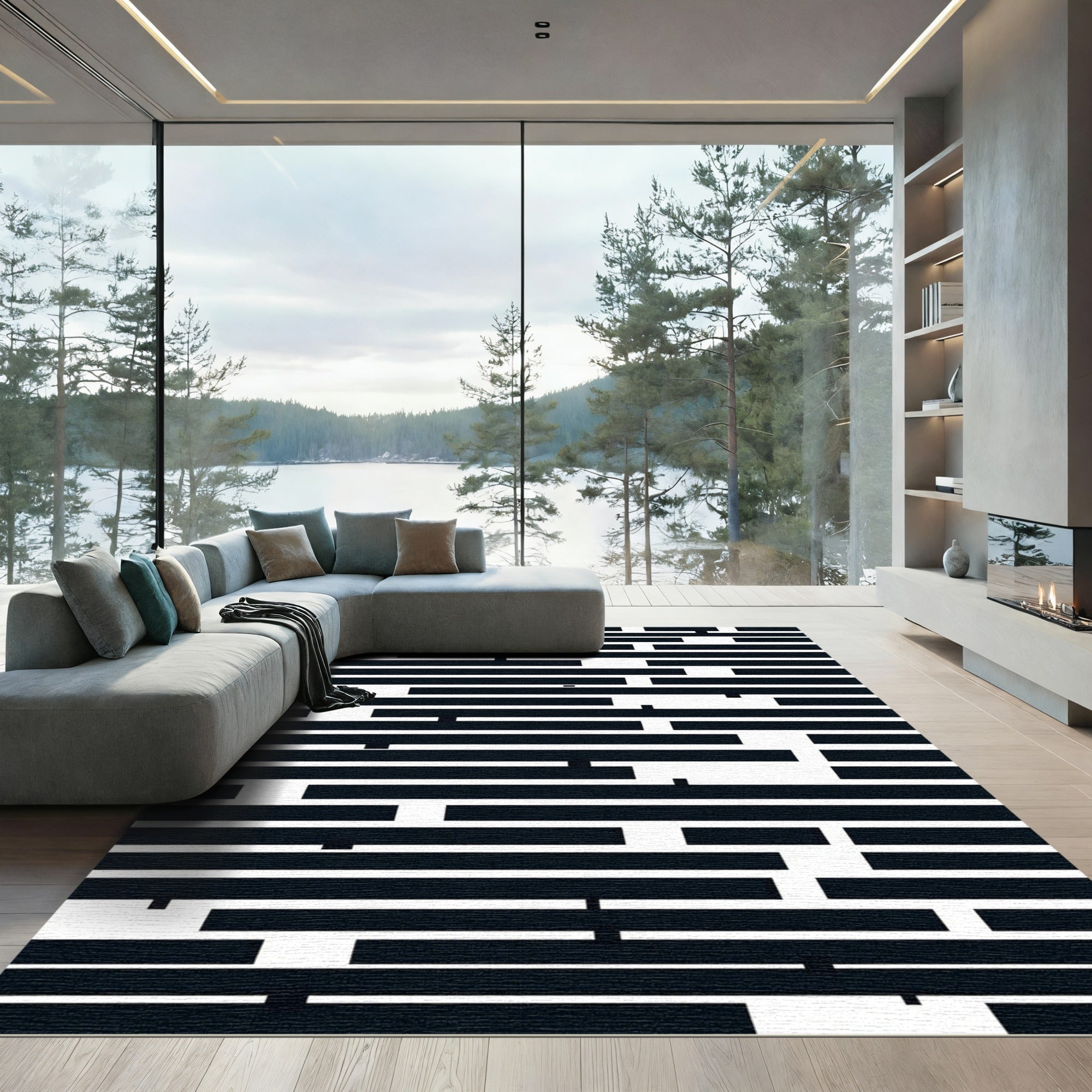 Black White Geometric Linear Arrangement Rug
