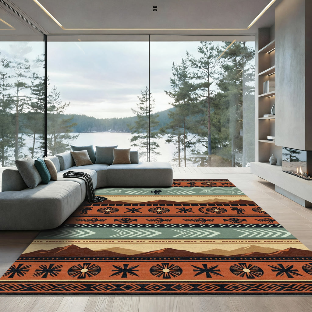 Southwestern Terracotta Mountain Kokopelli Stripe Rug