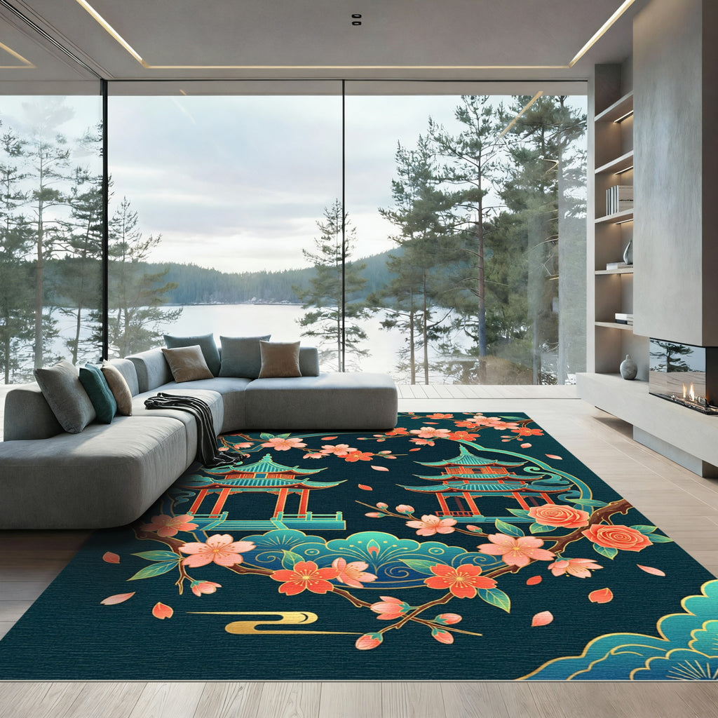 Floral Pagoda Zen Teal Area Rug