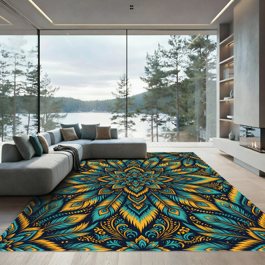 Turquoise Gold Peacock Feather Mandala Rug