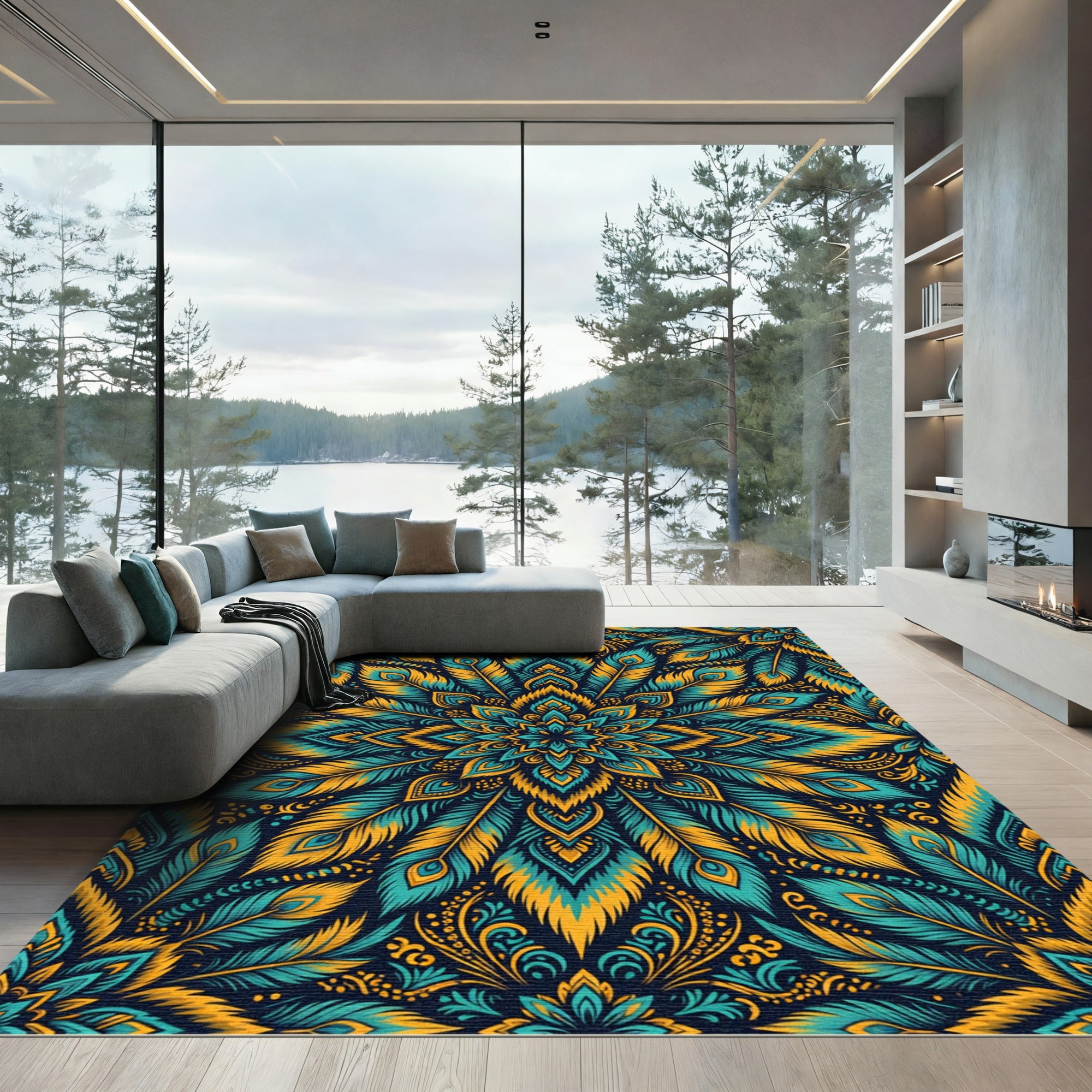 Turquoise Gold Peacock Feather Mandala Rug