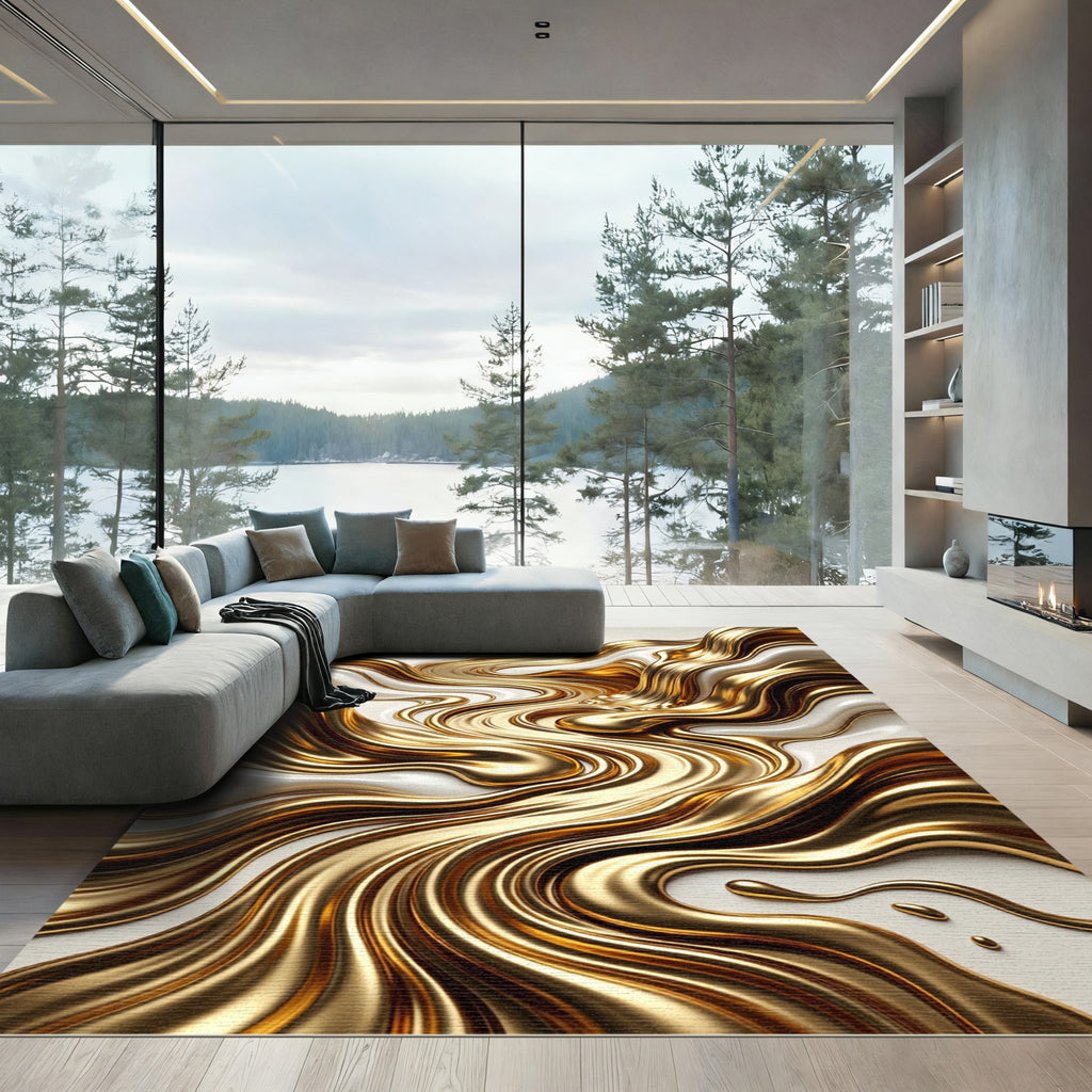 Liquid Gold Swirl Abstract Rug