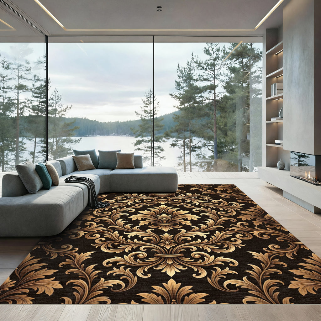 Ornate Gold Crown Baroque Floral Rug