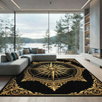 Ornate Golden Compass Medallion Black Rug