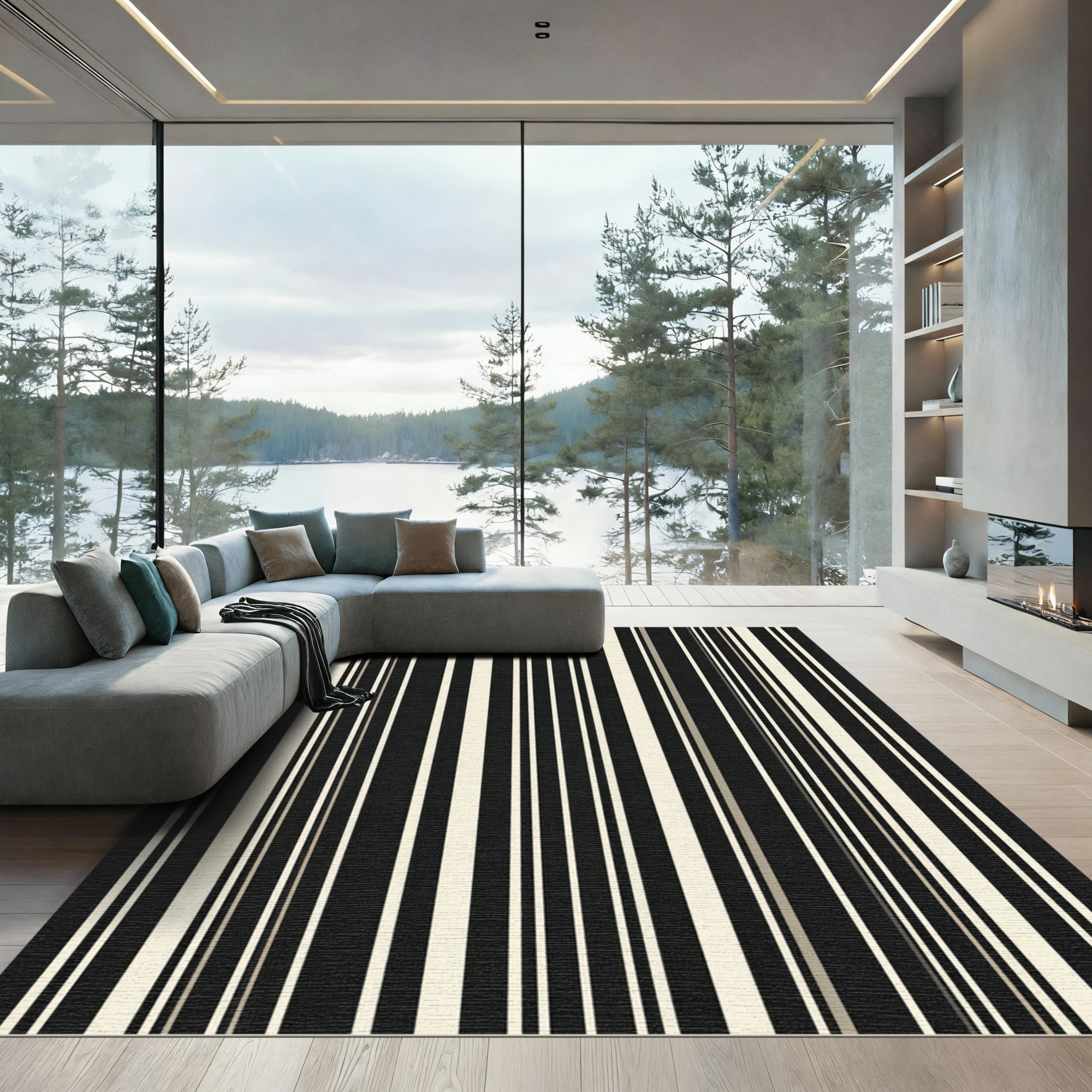 Bold Black Cream Striped Composition Rug