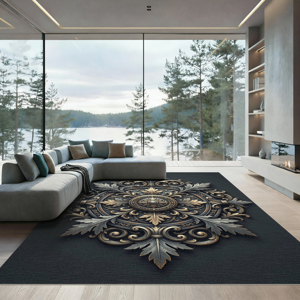Ornate Antique Gold Silver Acanthus Medallion Rug