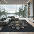 Ornate Antique Gold Silver Acanthus Medallion Rug