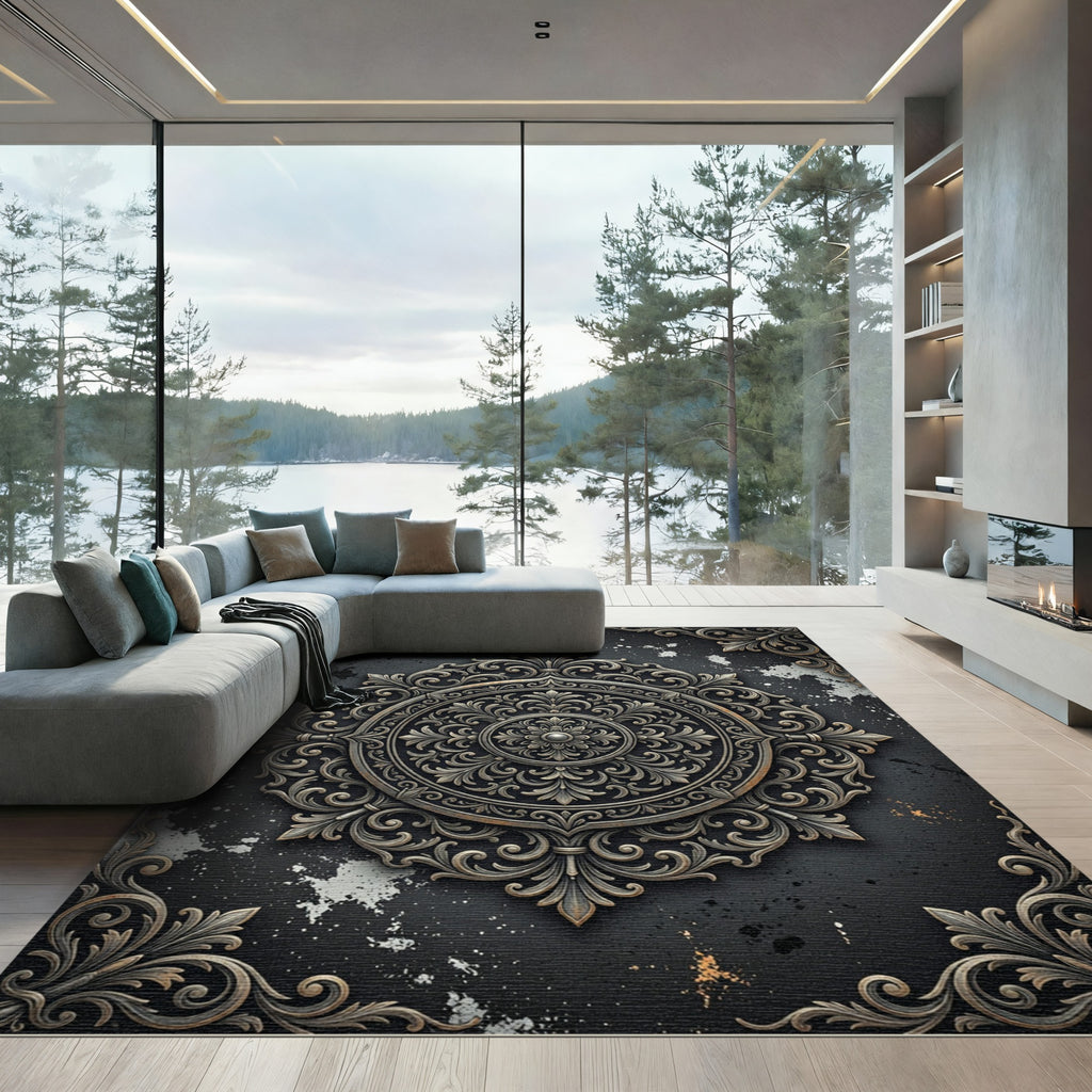 Ornate Charcoal Silver Victorian Medallion Rug