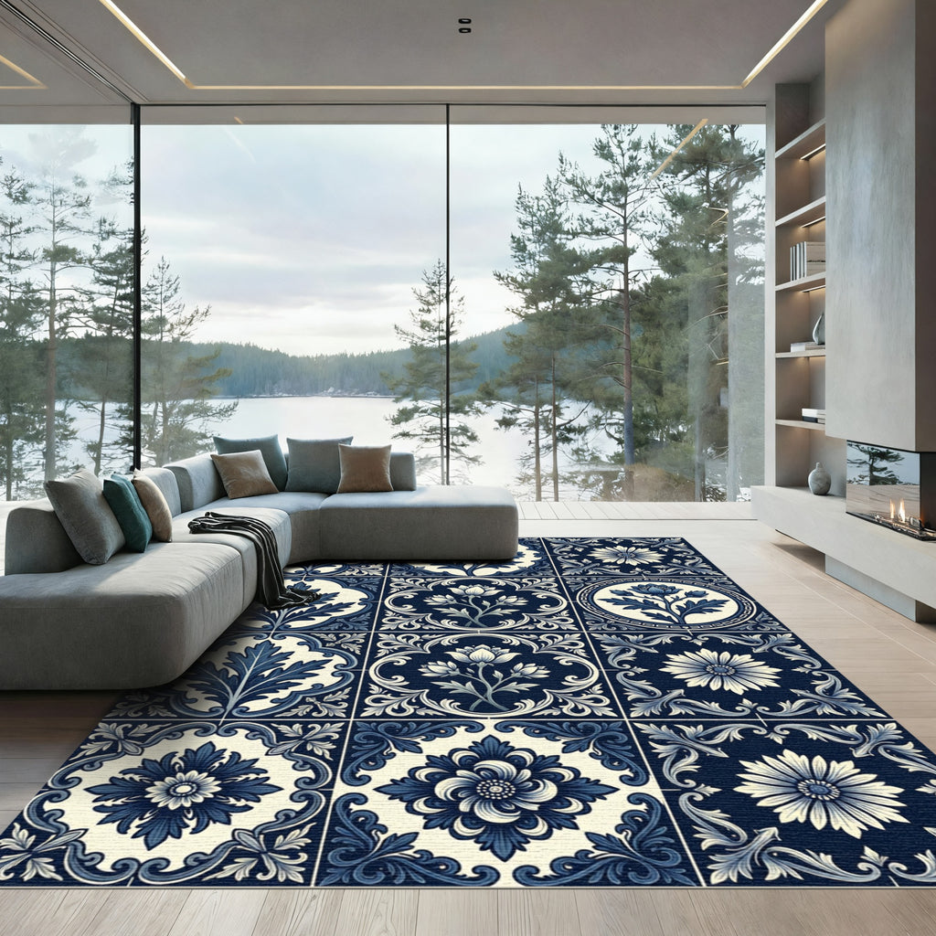 Deep Blue Floral Tile Arrangement Rug