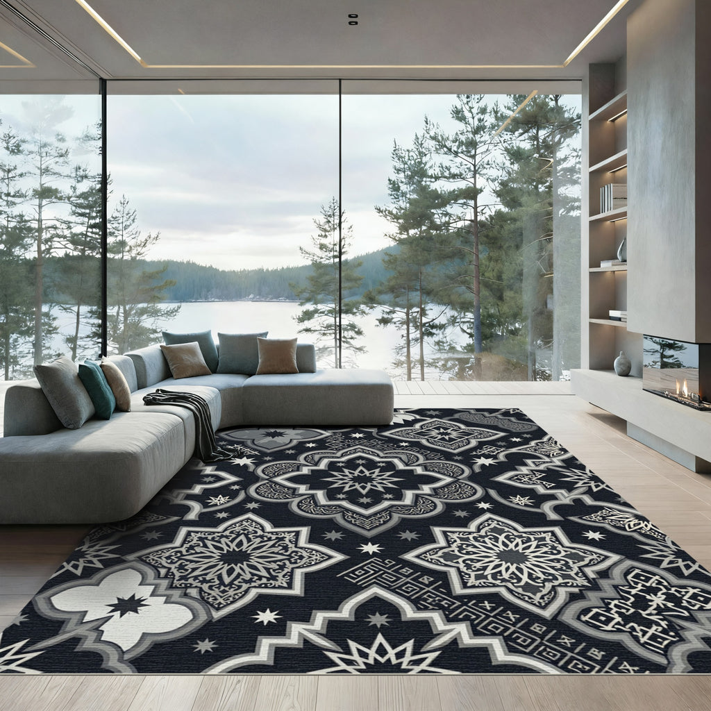 Monochromatic Arabesque Starburst Medallion Rug
