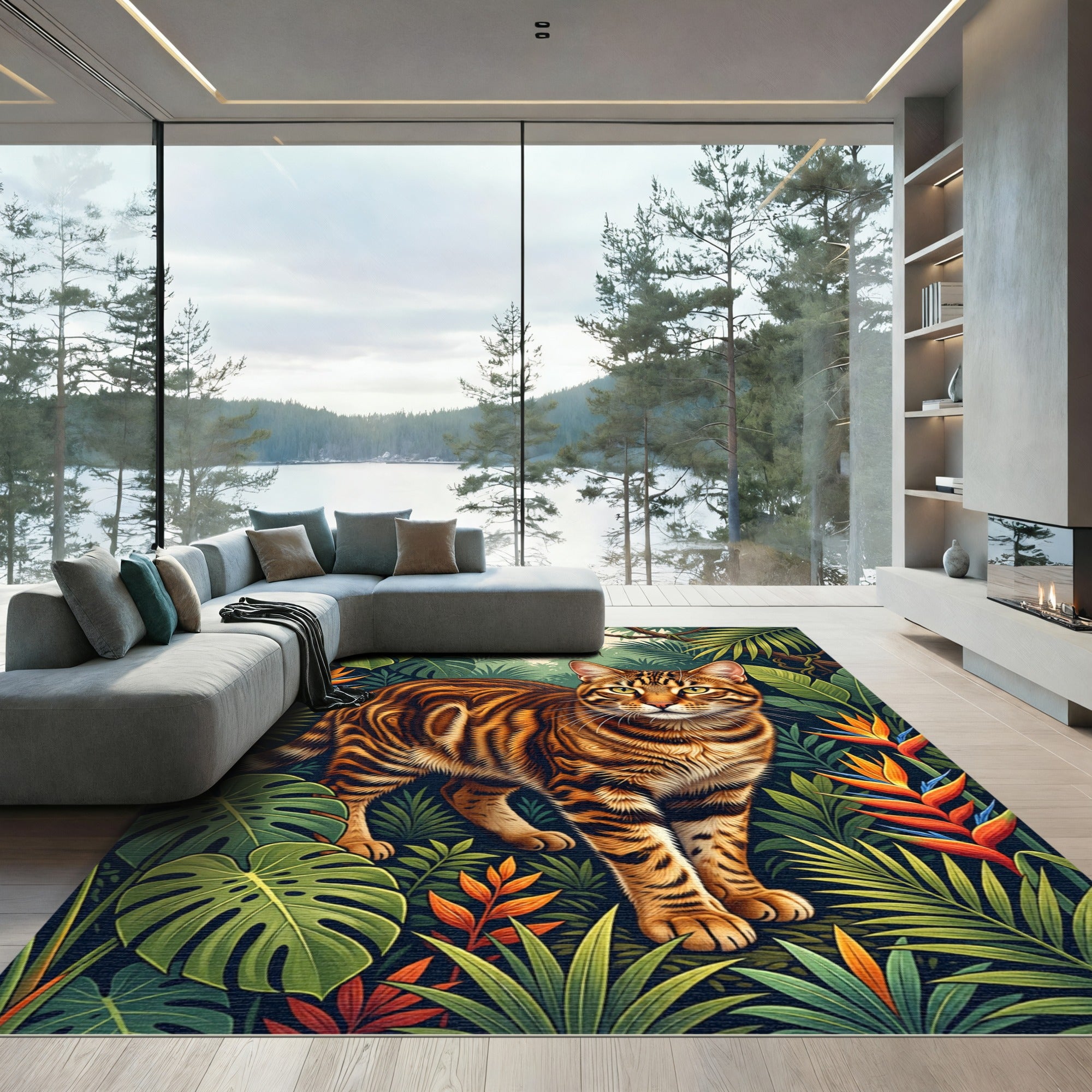 Lush Tropical Bengal Cat Jungle Art Rug