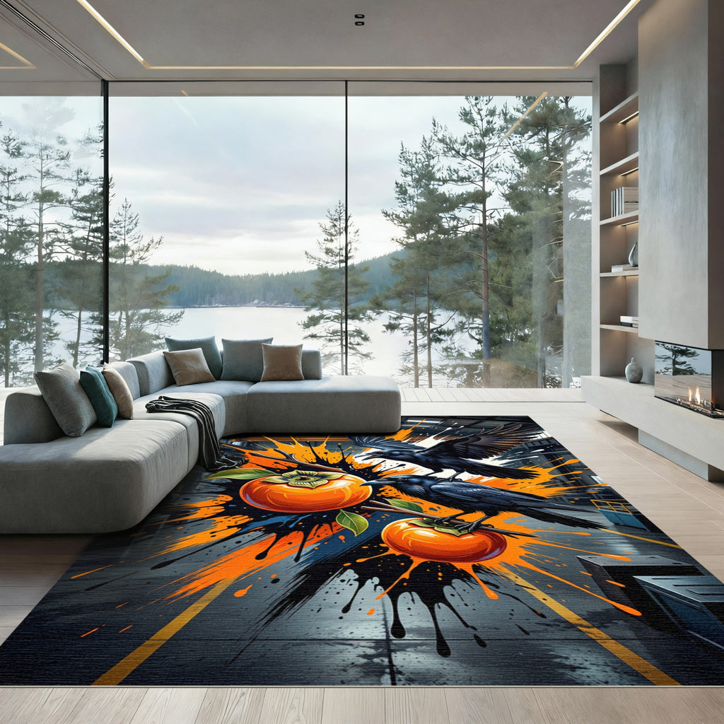 Ravens with Persimmons Abstract Ink Splash Rug