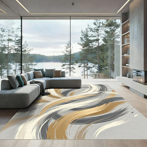 Abstract Gold Gray White Brushstrokes Rug