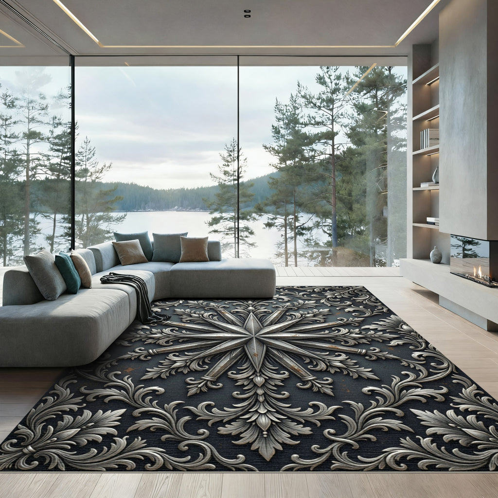 Ornate Silver Star Baroque Crest Rug