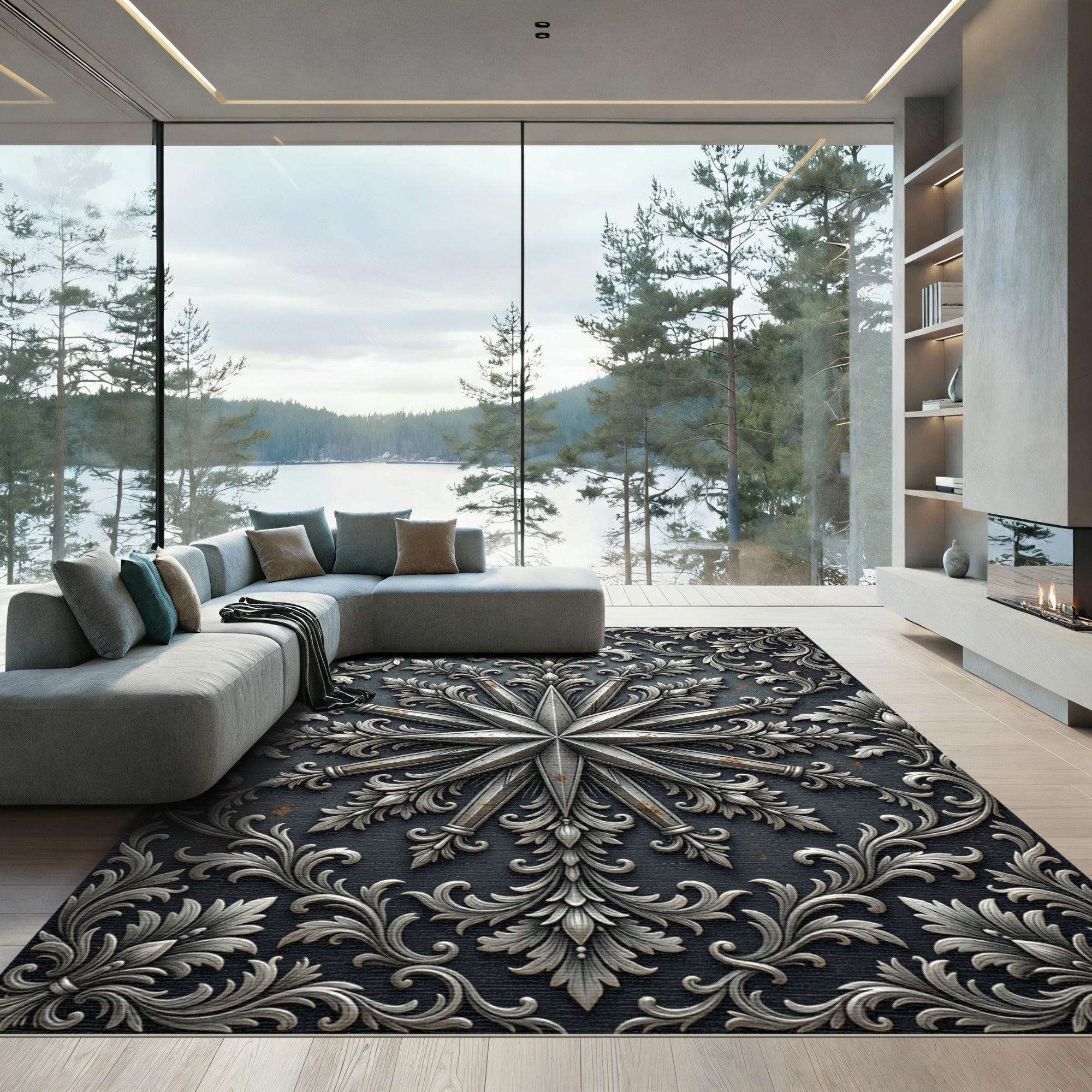 Ornate Silver Star Baroque Crest Rug