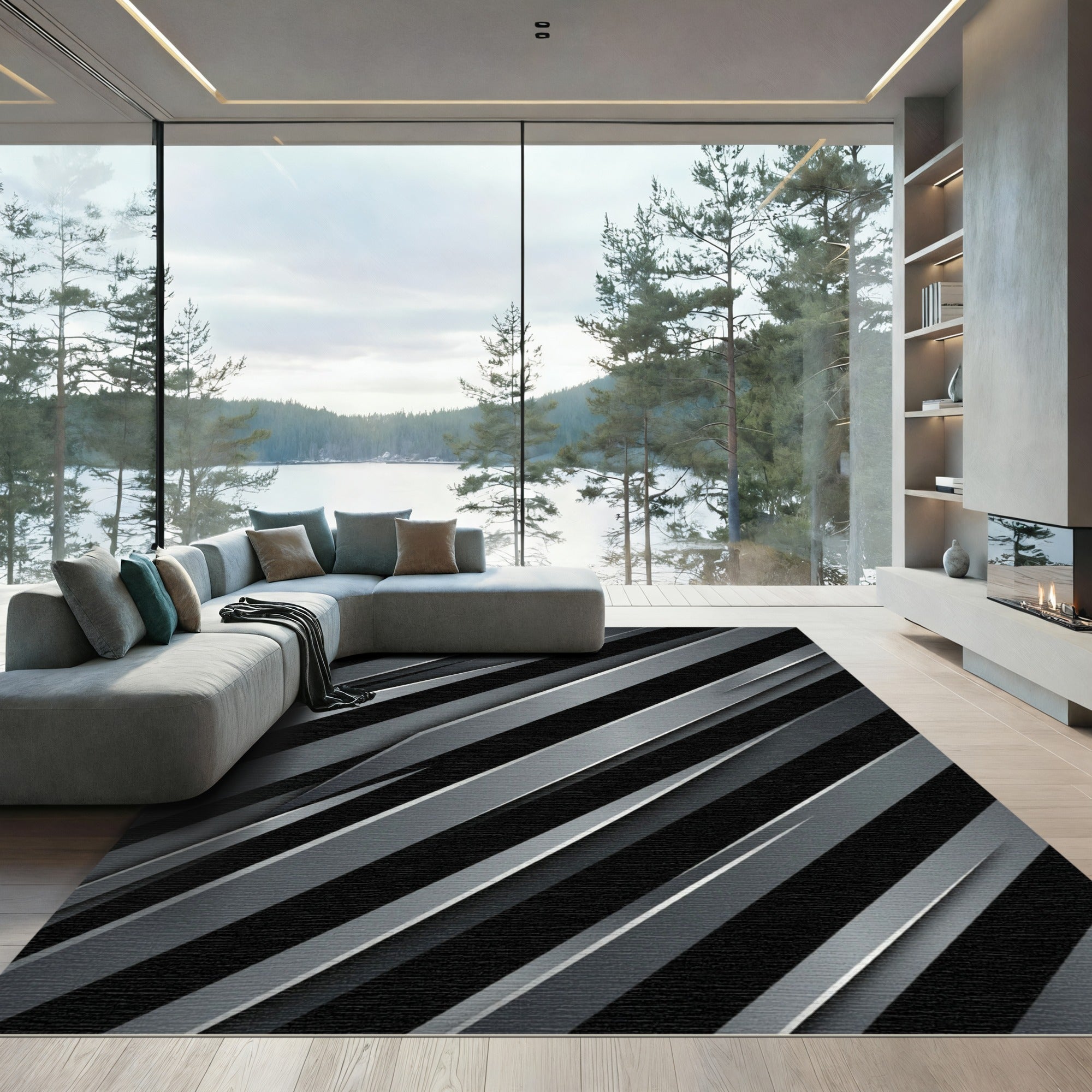 Modern Metallic Silver Slanted Blade Lines Rug