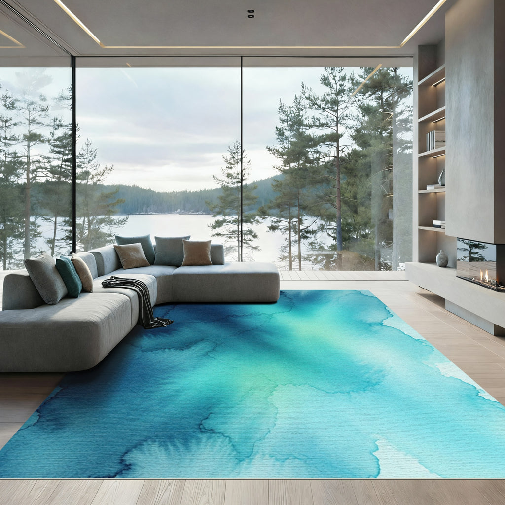 Abstract Teal Ocean Watercolor Wash Rug