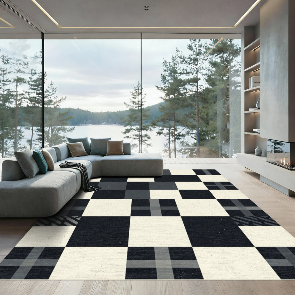 Modern Monochrome Geometric Checkerboard Square Rug