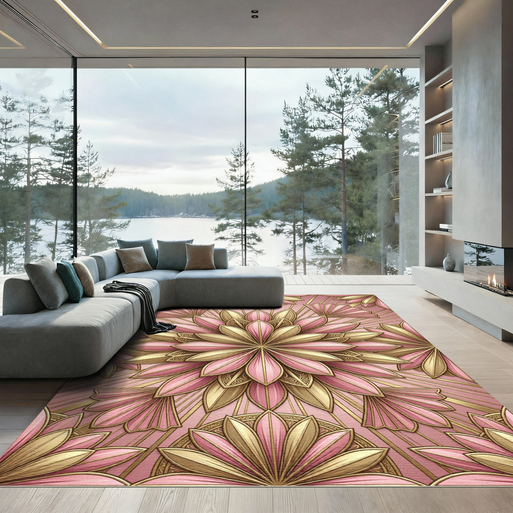 Art Deco Blush Pink Golden Lotus Rug