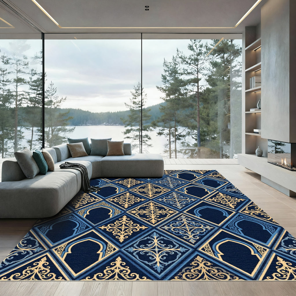 Gilded Navy Gothic Arch Diamond Tessellation Rug