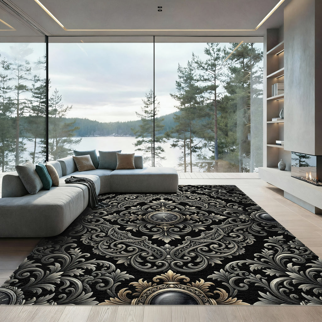Ornate Black Silver Acanthus Clock Rug