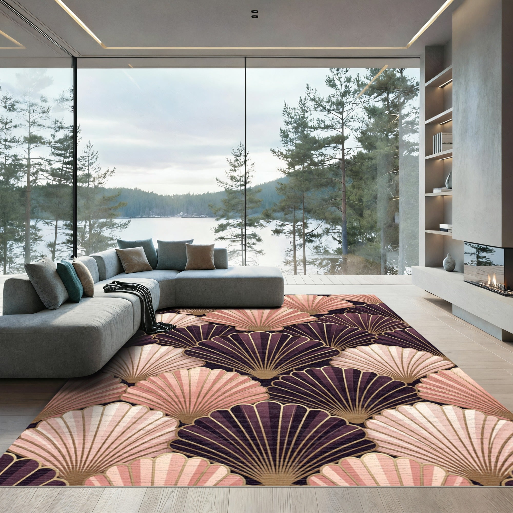 Art Deco Pink Plum Fan Rug