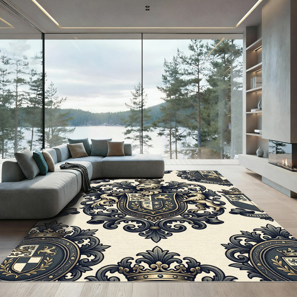Ornate Crested Lion Emblem Rug