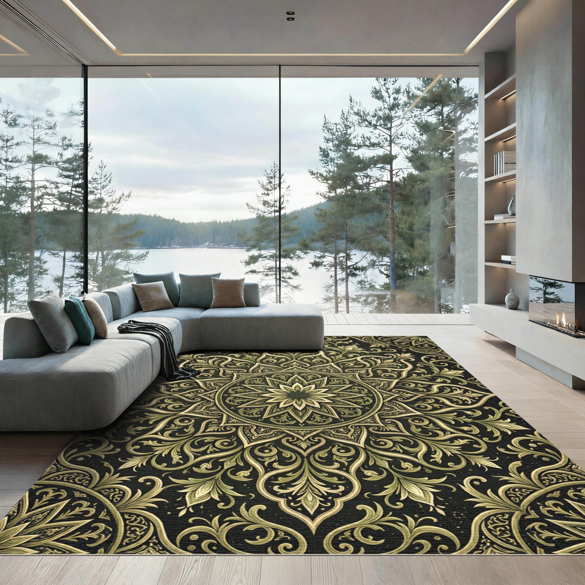 Elegant Olive Green Ornate Floral Medallion Rug