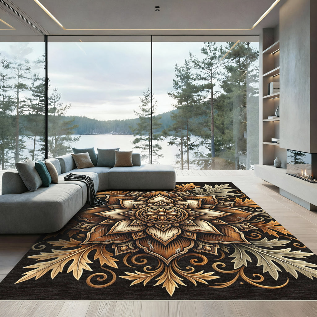 Golden Floral Medallion Earthy Botanical Rug