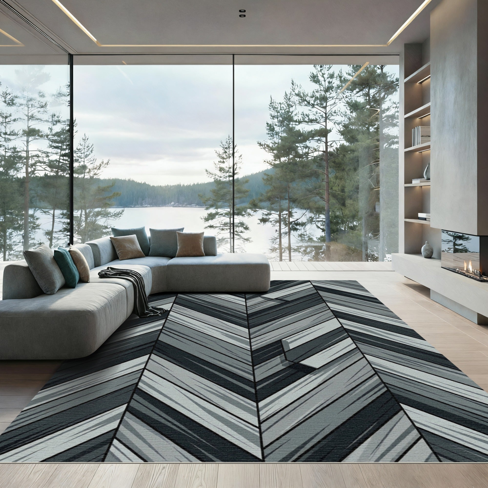 Modern Gray Herringbone Geometric Plank Rug