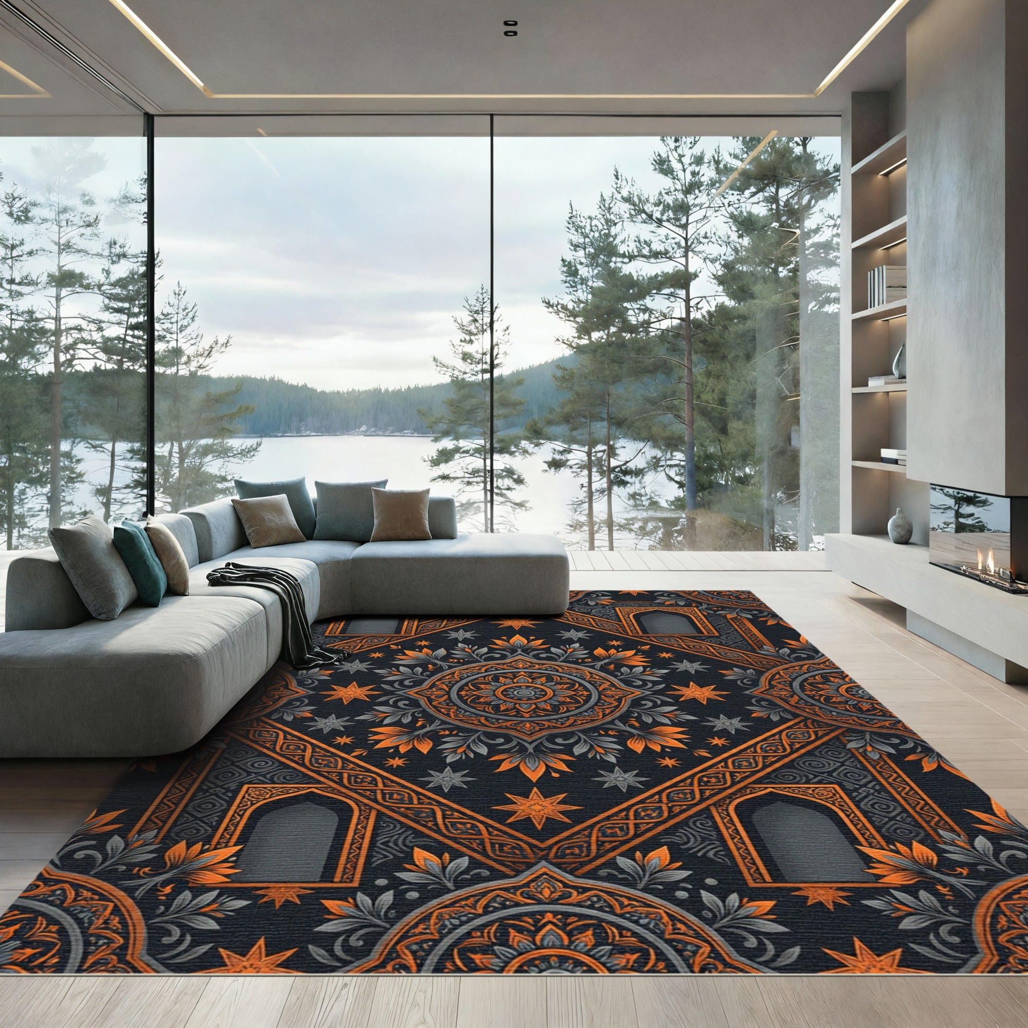 Ornate Midnight Orange Floral Star Medallion Rug