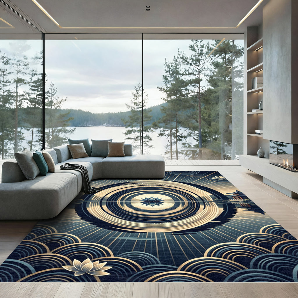 Zen Lotus Circular Gold Navy Art Rug