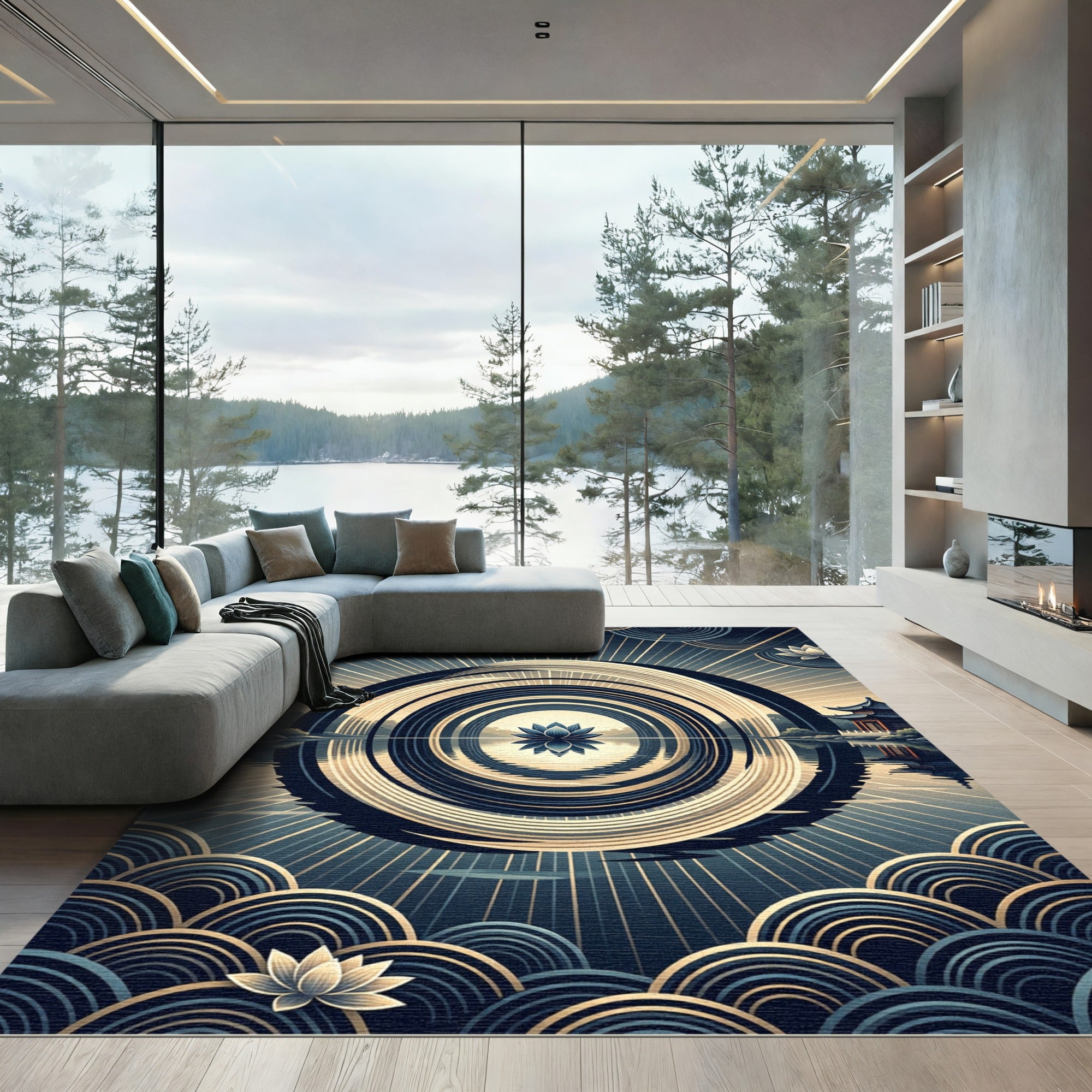 Zen Lotus Circular Gold Navy Art Rug