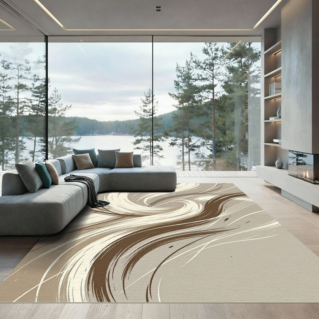 Modern Swirling Beige and Brown Abstract Rug