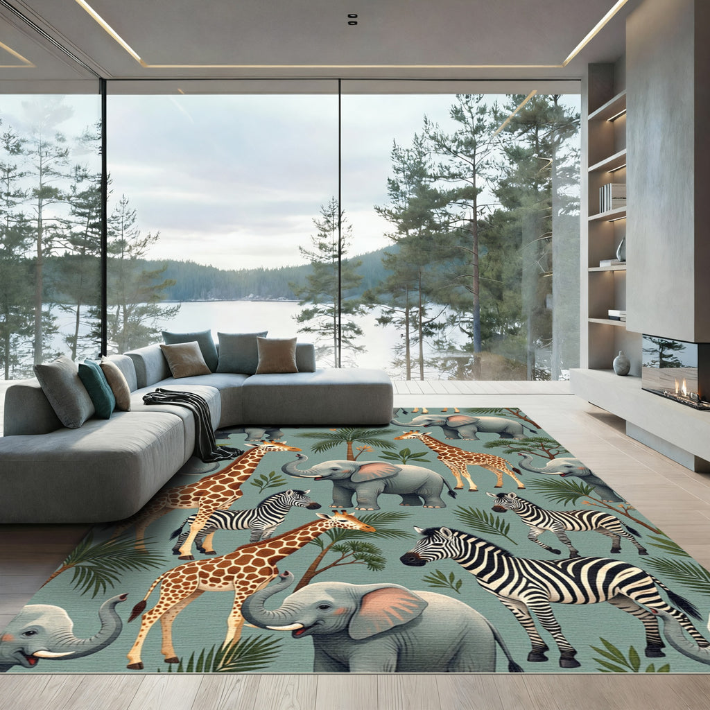 Whimsical Safari Animals Tropical Foliage Rug