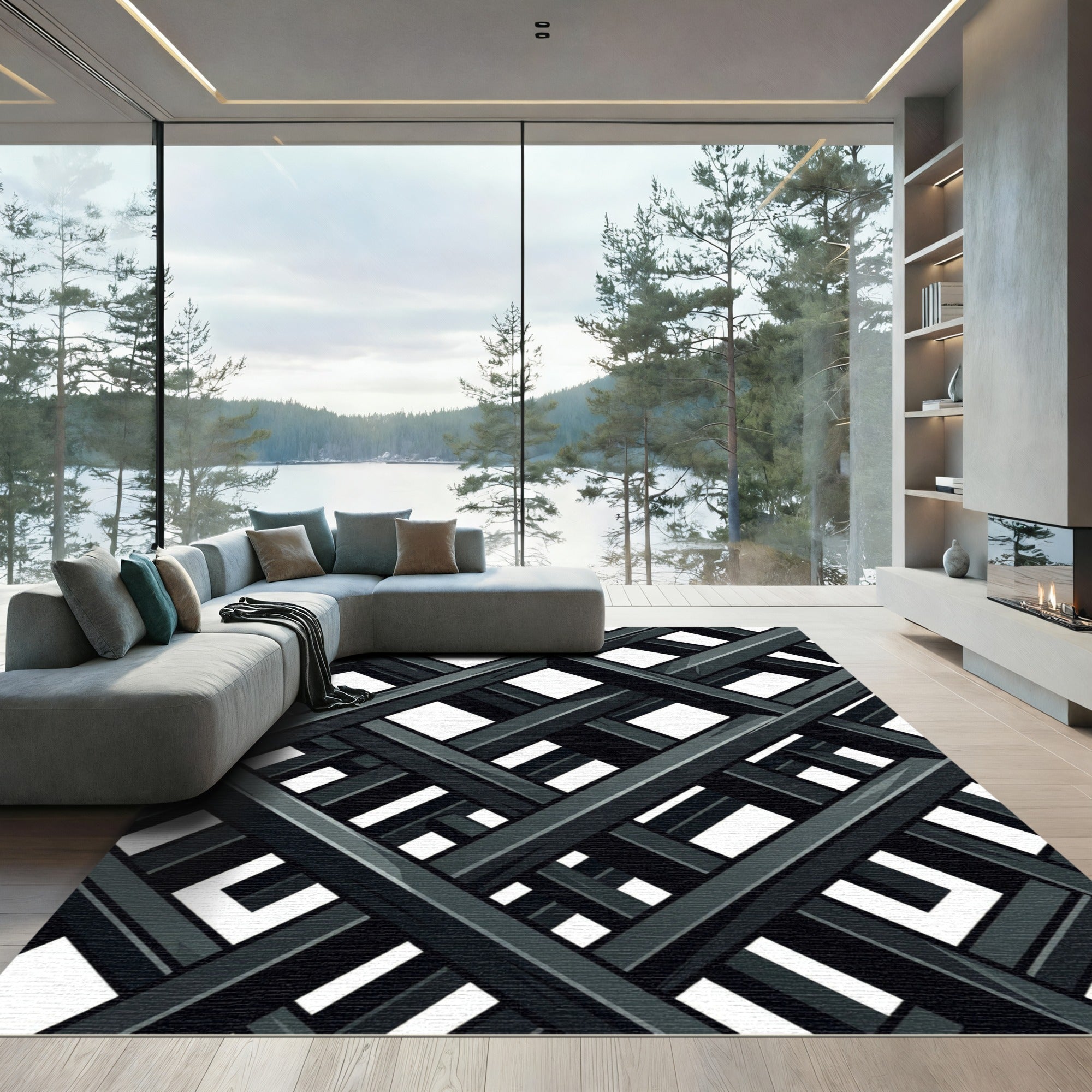 Monochrome Abstract Geometric Interlocking Grid Rug