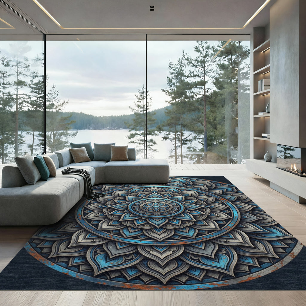 Distressed Blue Grey Sacred Lotus Mandala Rug