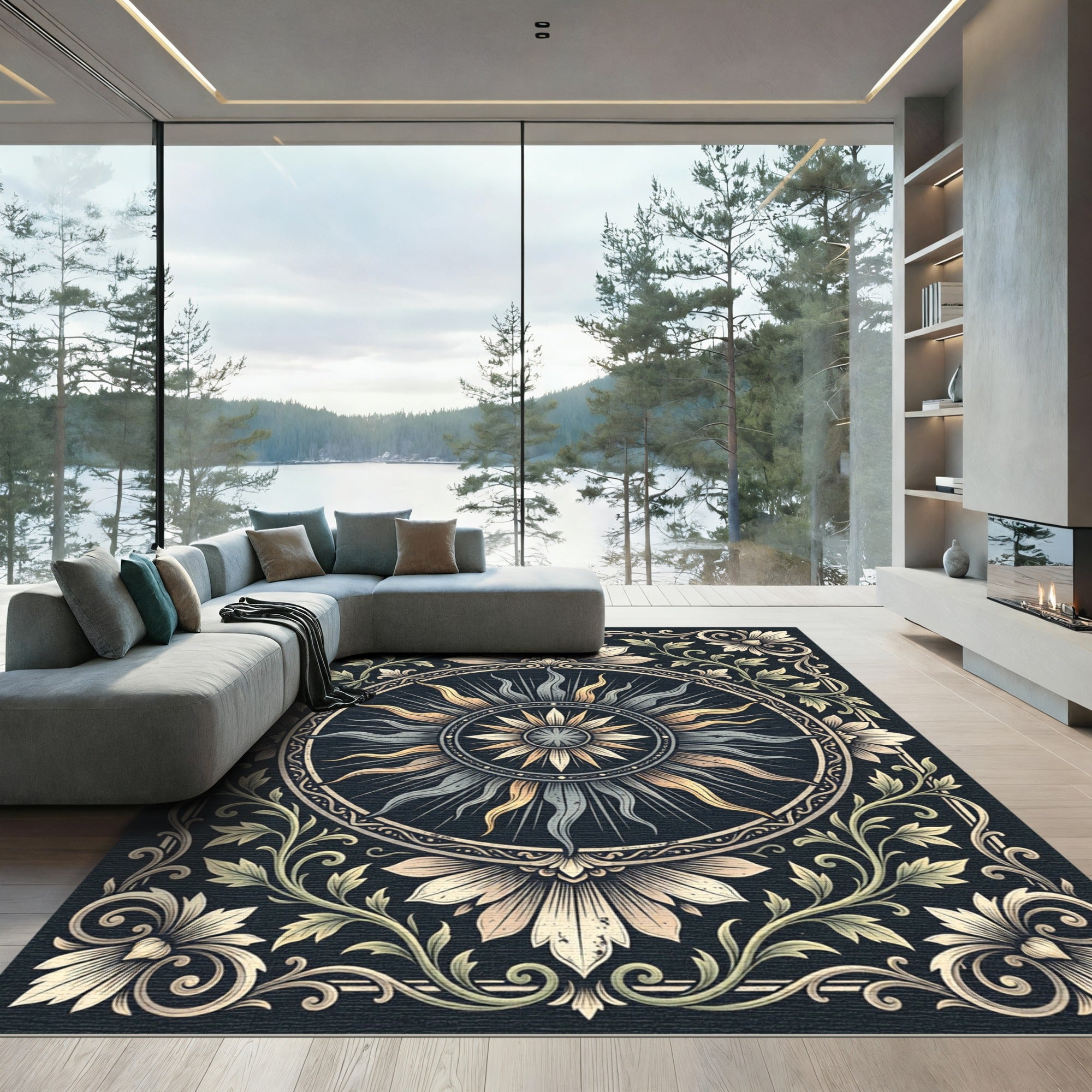 Vintage Celestial Sun Floral Medallion Rug