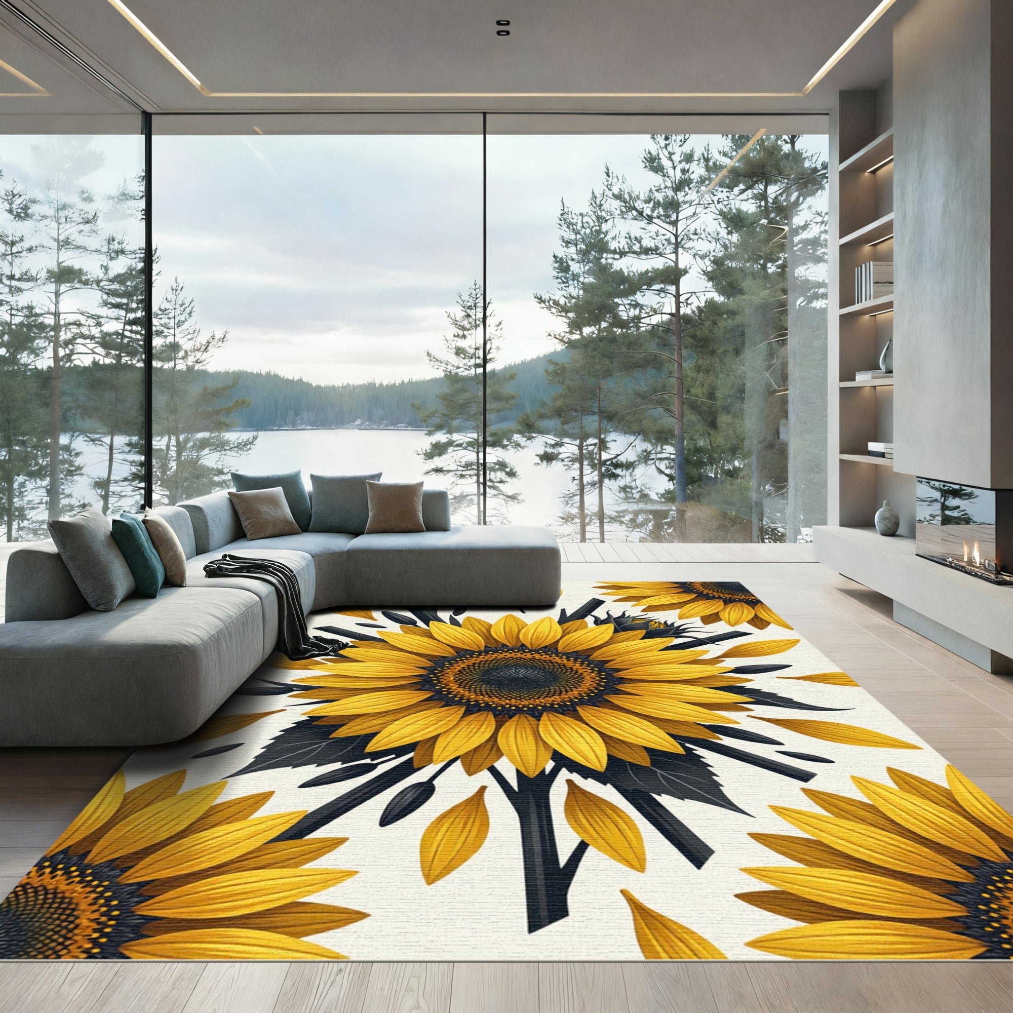 Bold Yellow Sunflower Charcoal Floral Illustration Rug