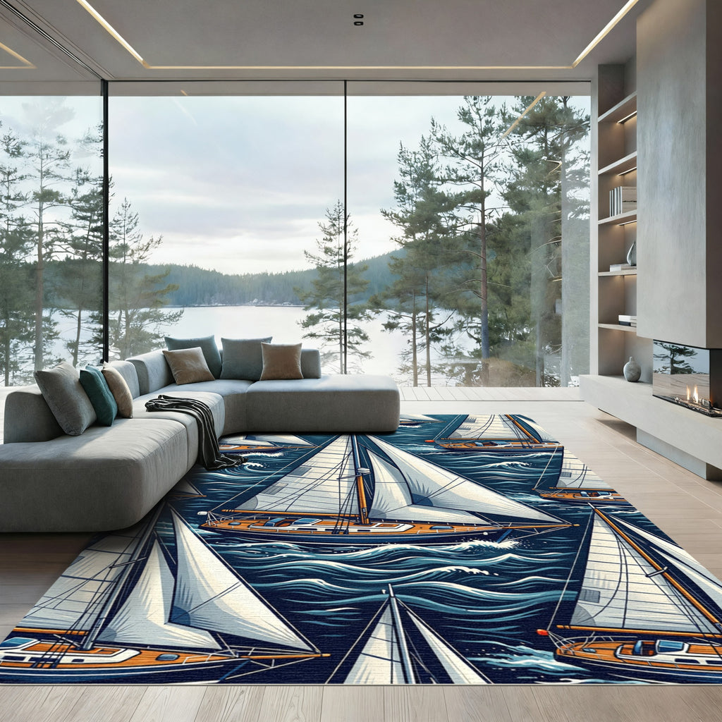 Nautical Blue Sailing Yachts Ocean Scene Rug